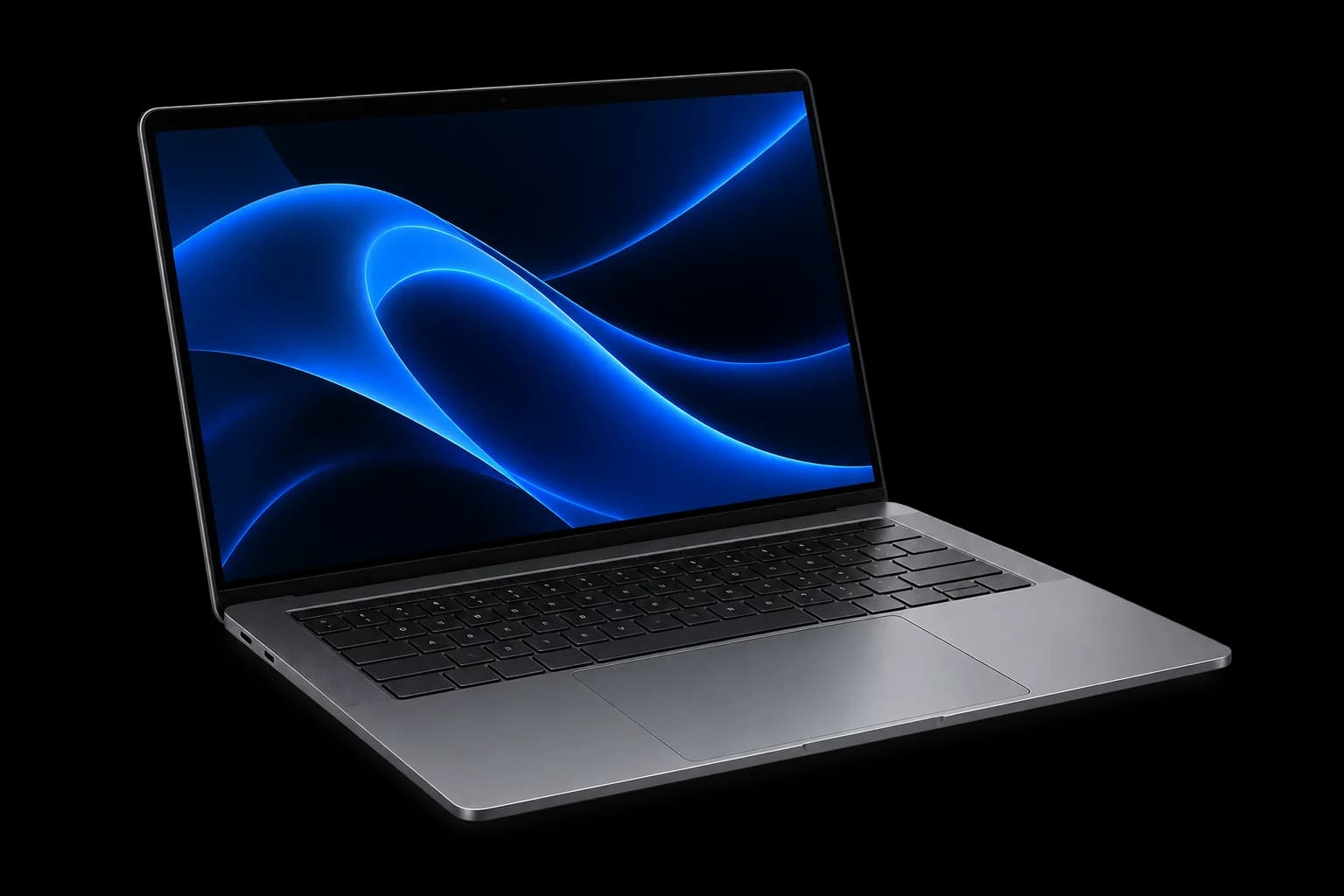 Slim graphite laptop with an electric blue display, laptop category illustration